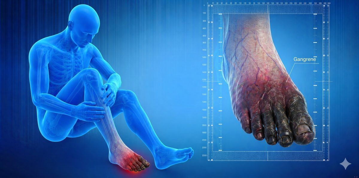 Illustration showing gangrene, blocked arteries, and diabetic foot symptoms