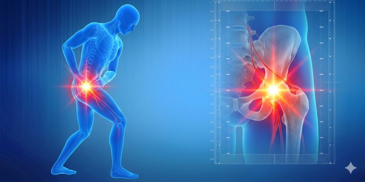 Illustration of the hip joint and surrounding anatomy