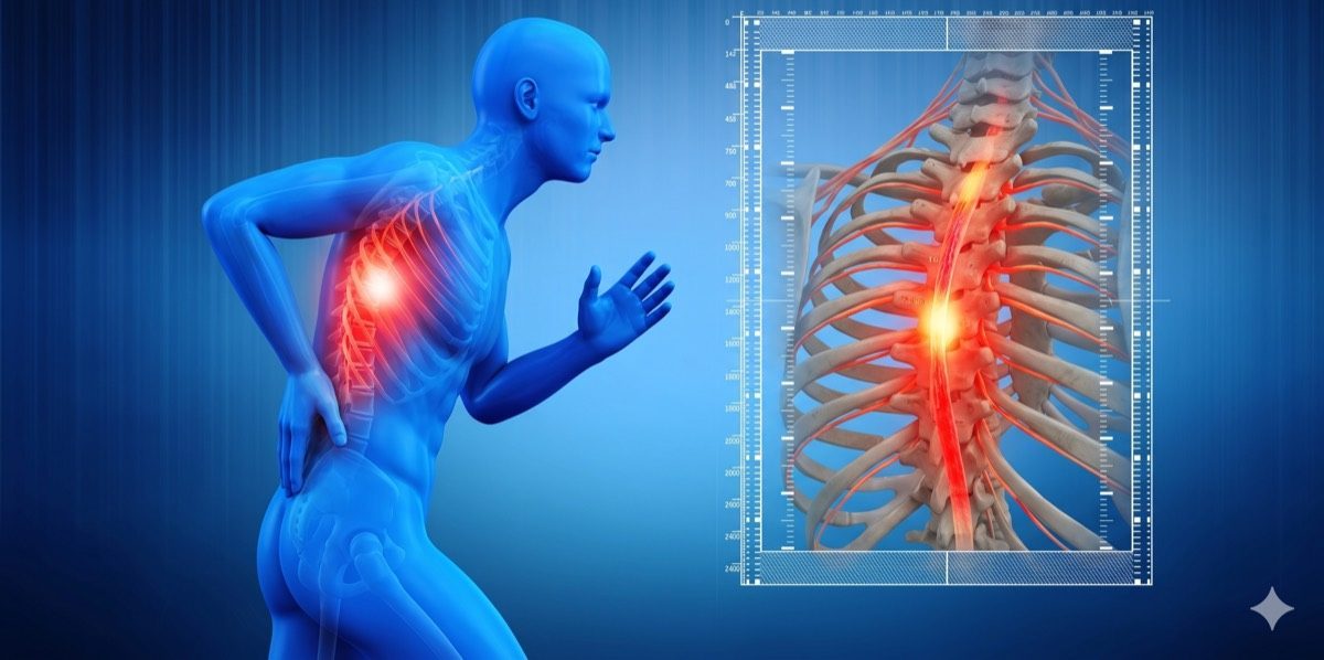 Illustration of the thoracic spine anatomy showing vertebrae, facet joints, and costovertebral joints