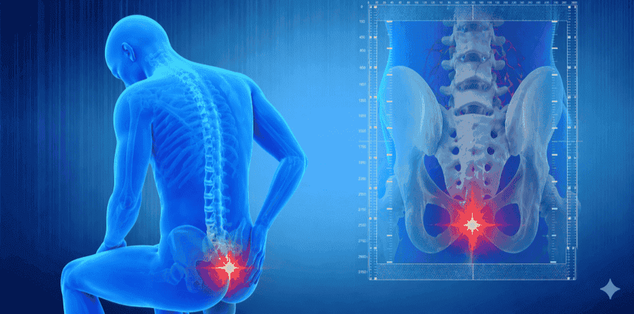 Illustration of the coccyx (tailbone) at the base of the sacrum showing its relationship to the pelvis