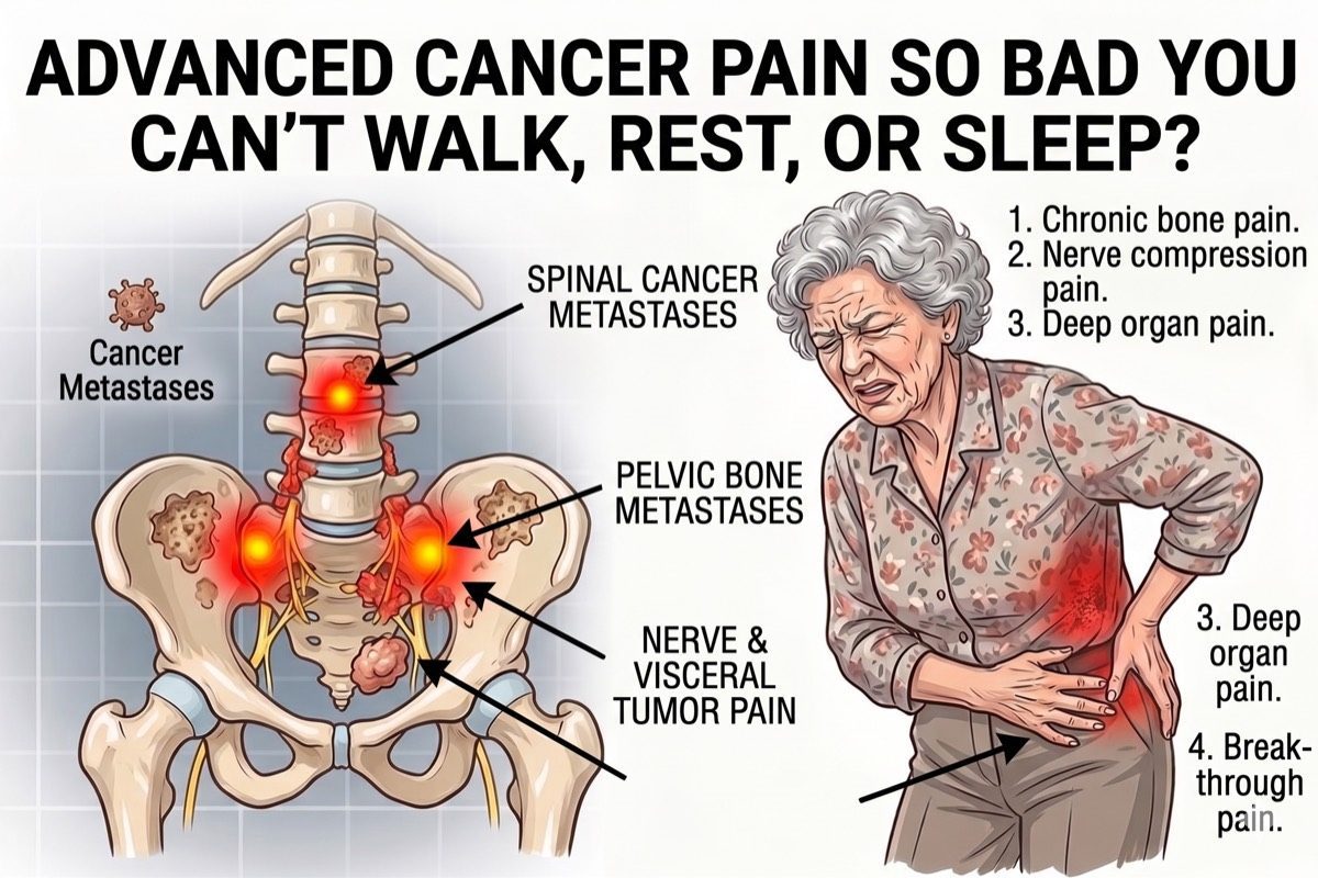 Illustration showing cancer pain sources including vertebral metastases and visceral plexus involvement
