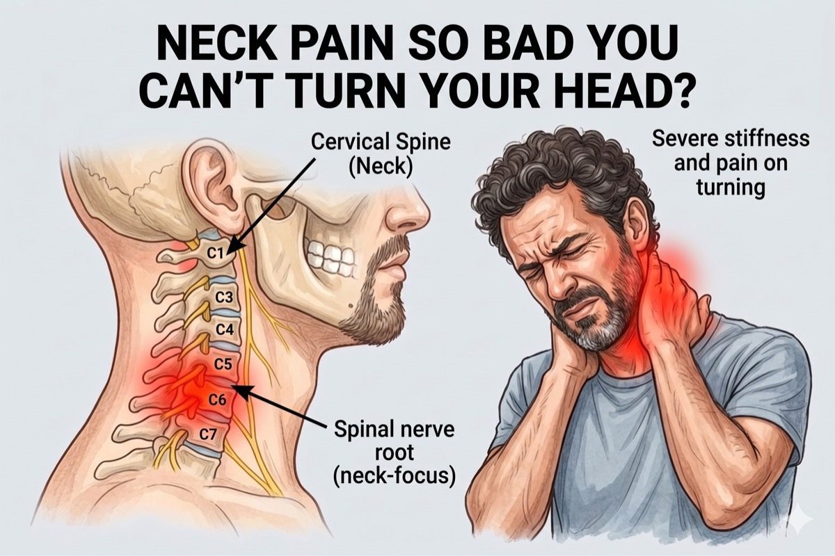 Illustration of a herniated cervical disc compressing a nerve root