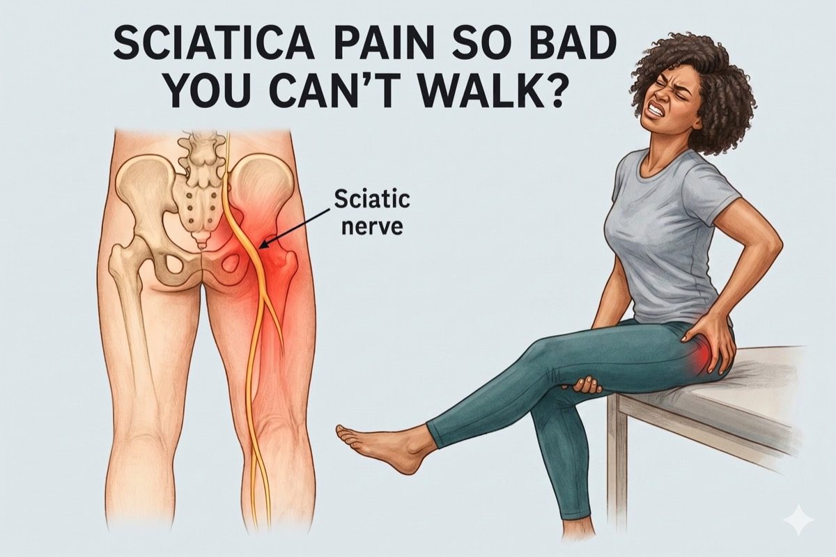 Illustration of herniated disc causing sciatic nerve compression