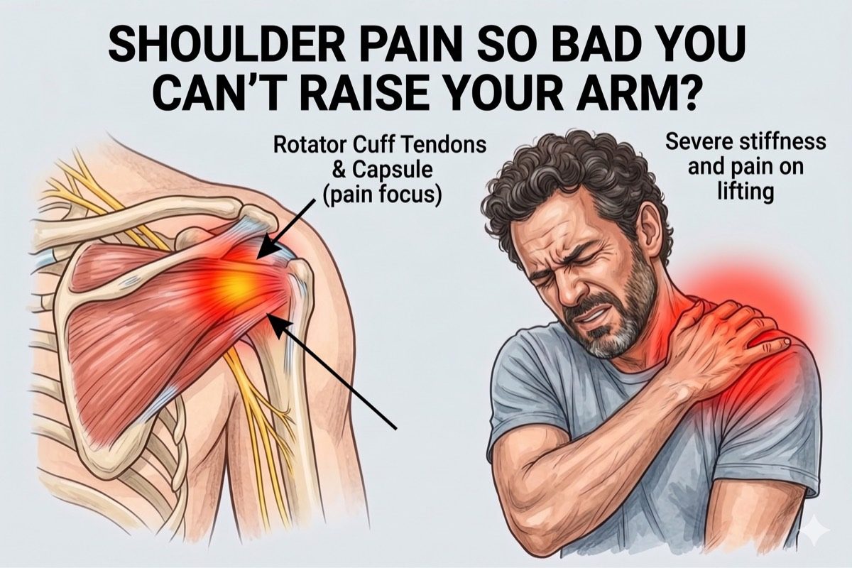 Illustration of rotator cuff tear and shoulder impingement